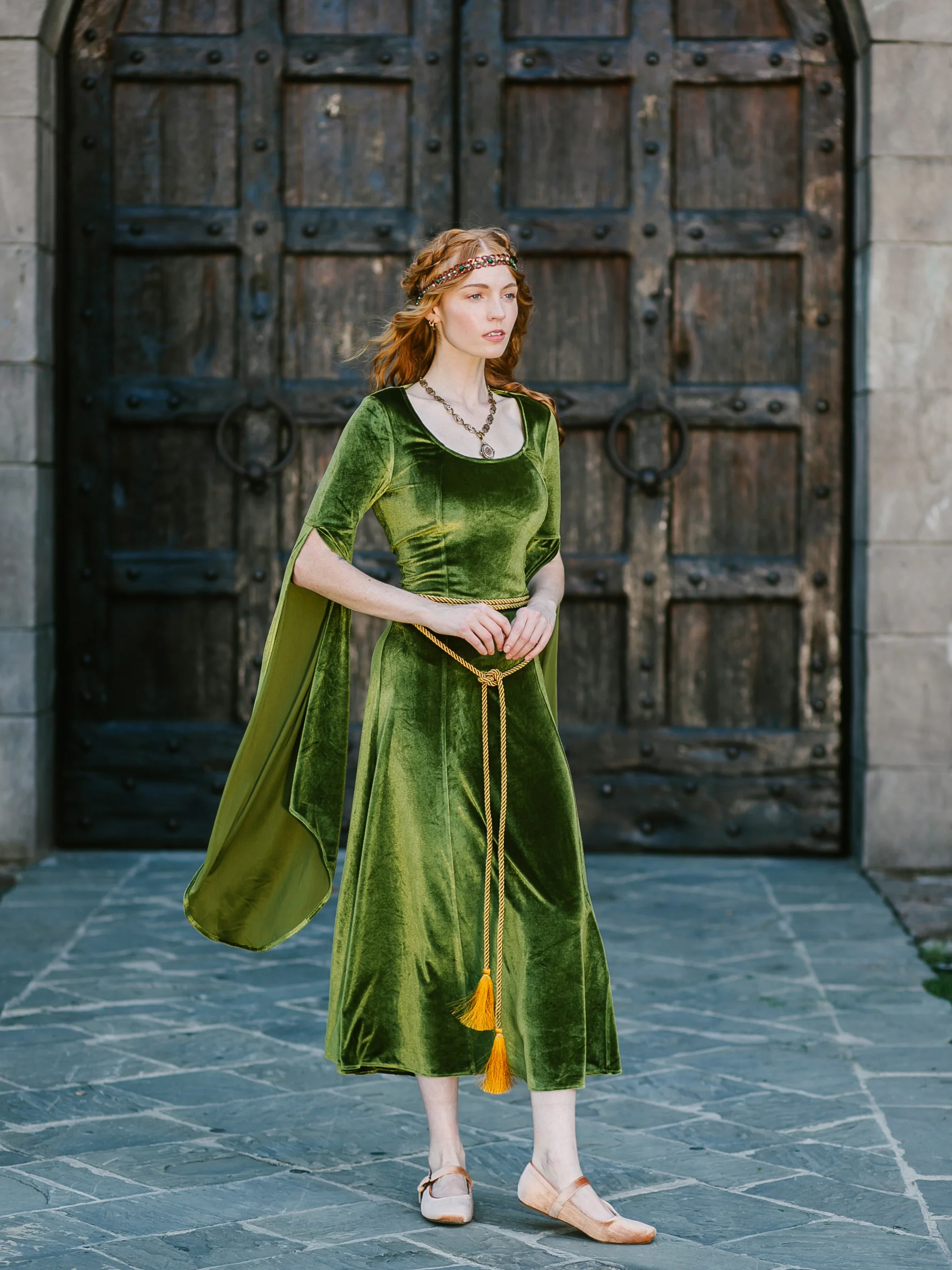 Chartreuse Velvet Bell Sleeve Dress - Image 5