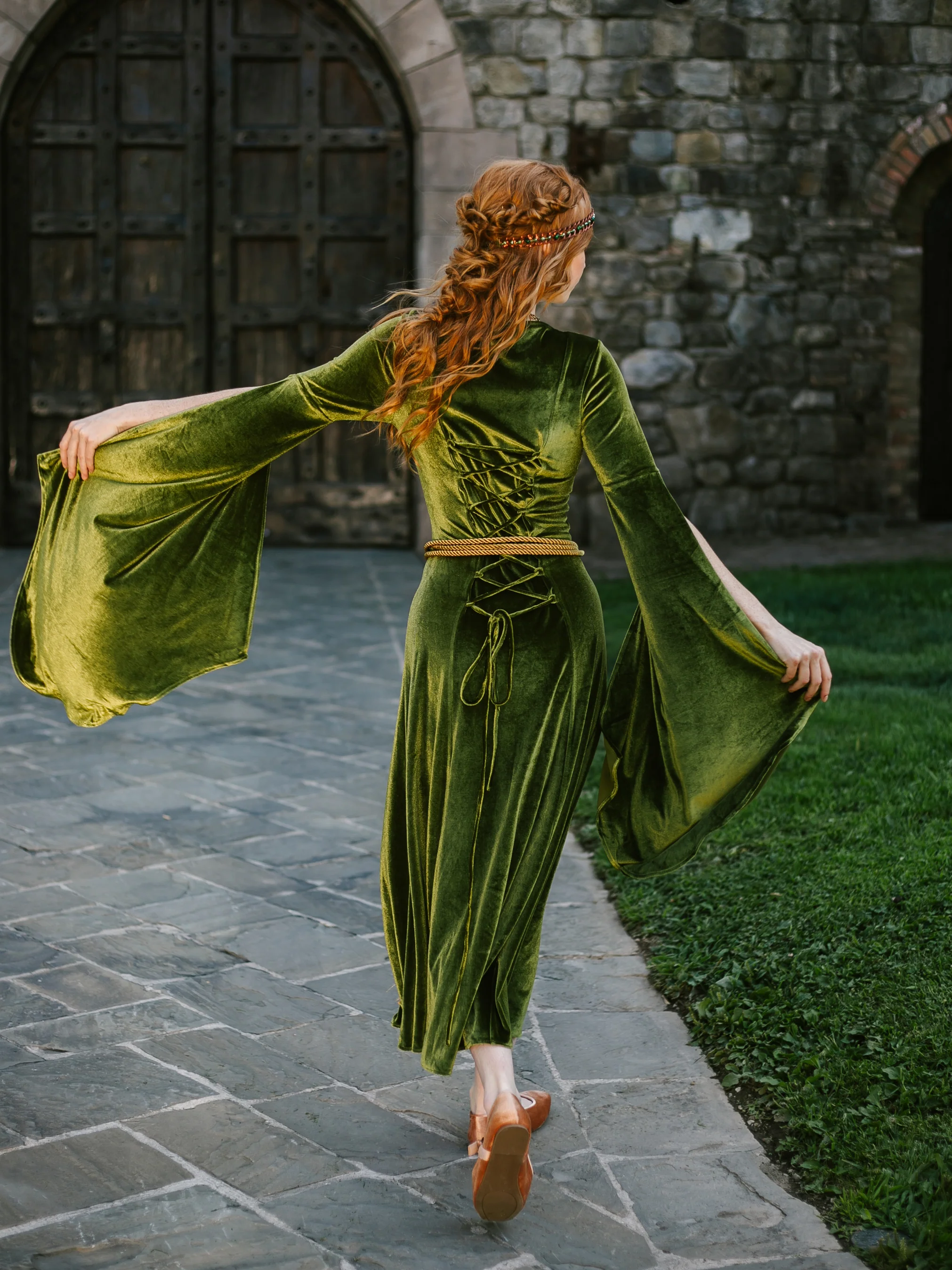 Chartreuse Velvet Bell Sleeve Dress - Image 8