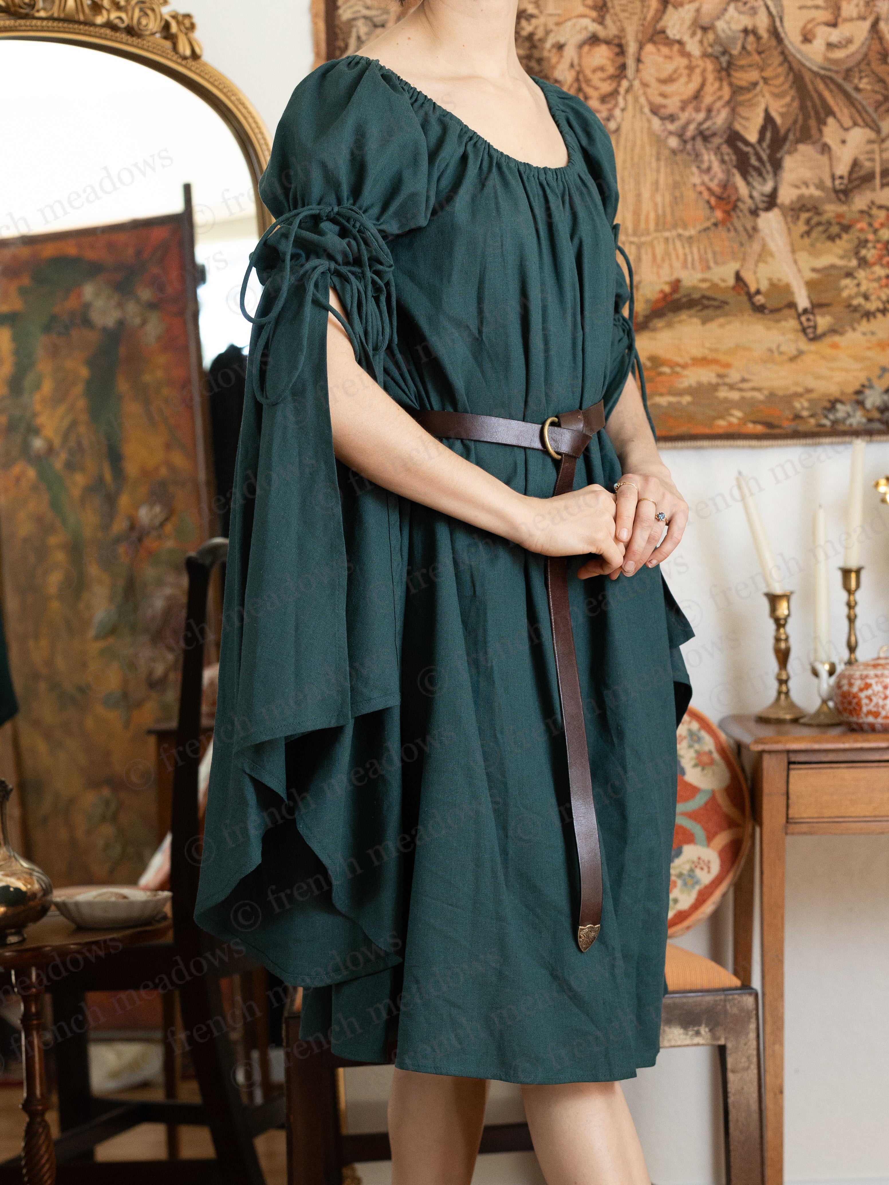 Dark Green Linen Bell Sleeve Chemise - Image 7