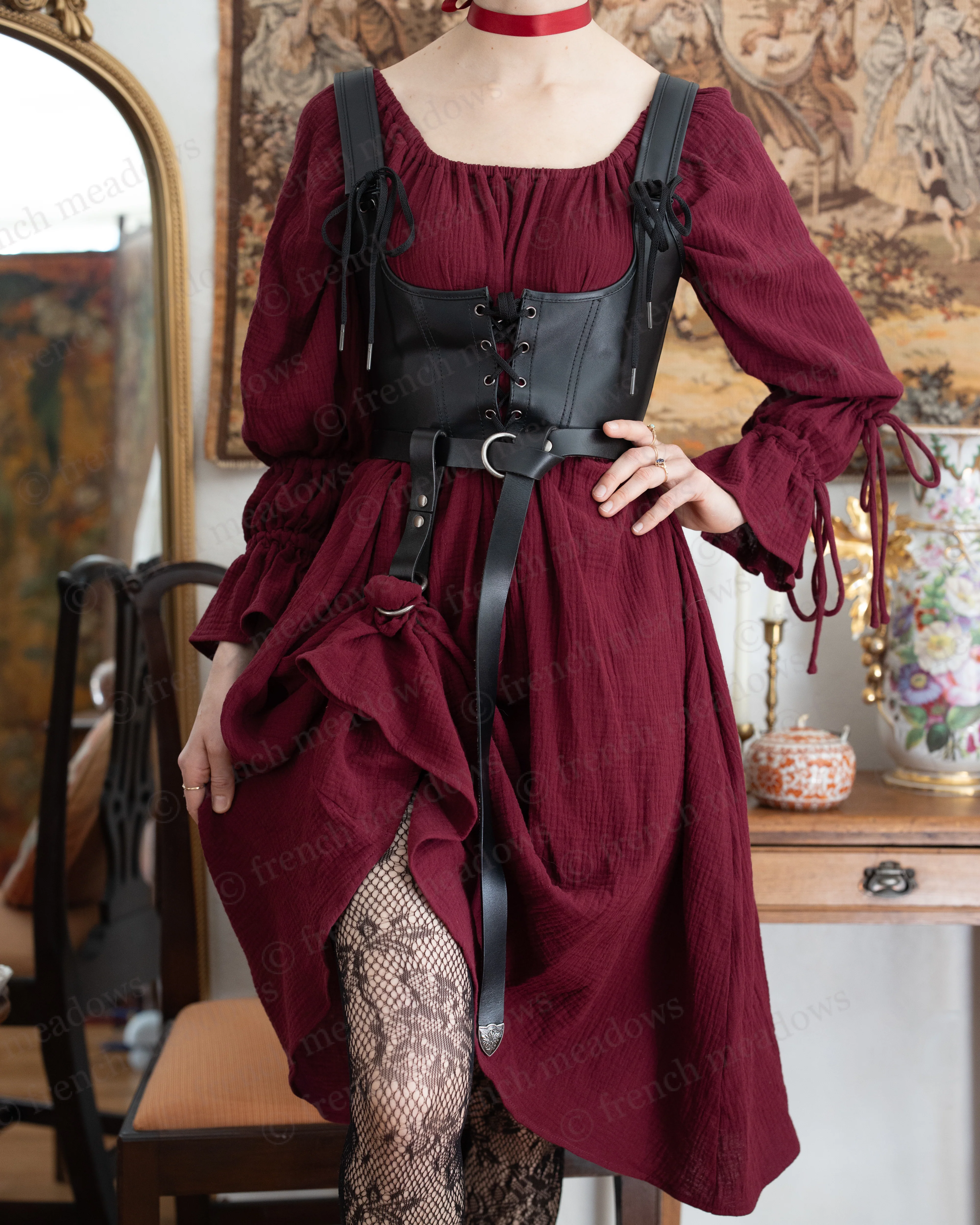 Dark Red Cotton Puff Sleeve Chemise - Image 6