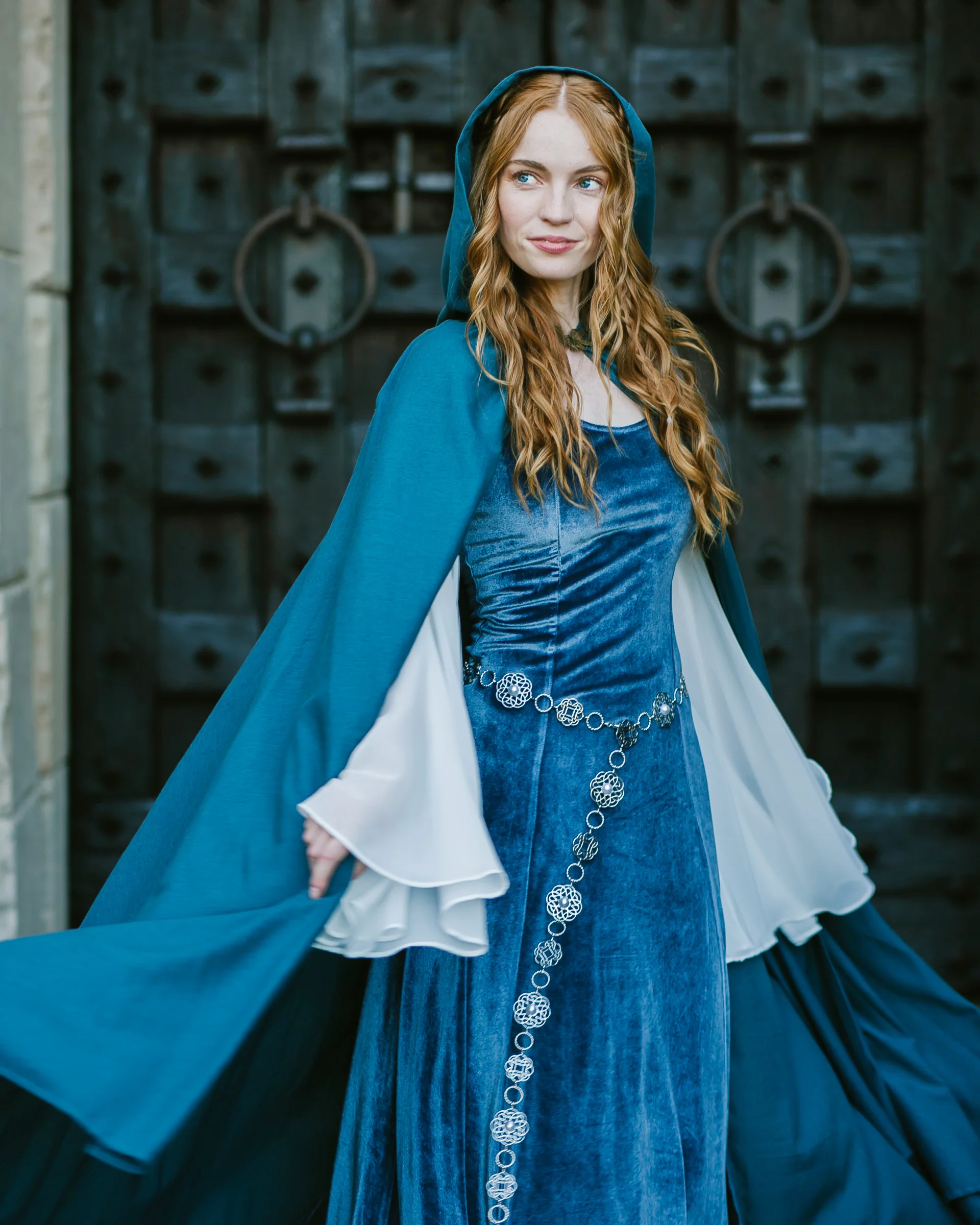 Elven Blue Velvet Bell Sleeve Dress - Image 12