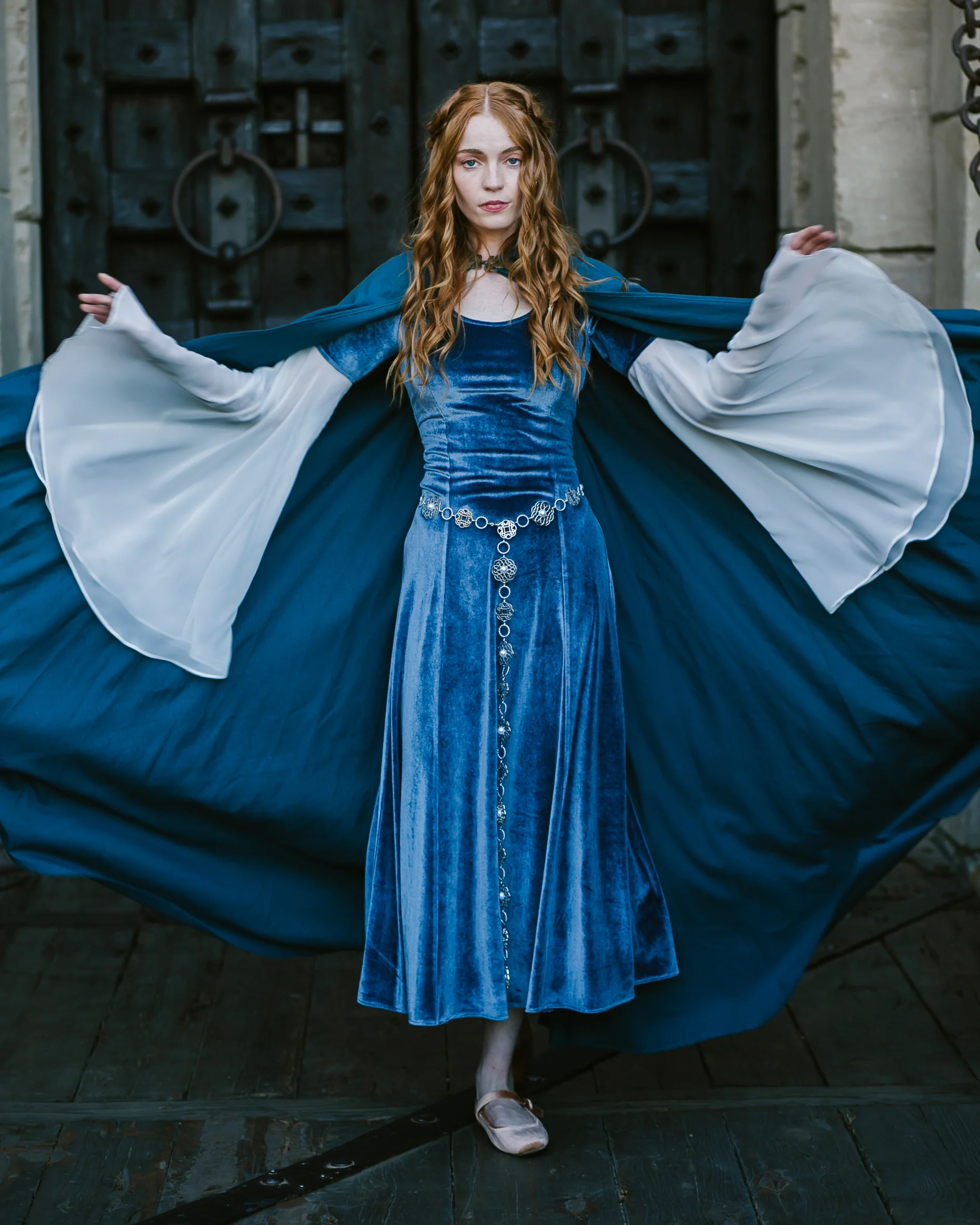 Elven Blue Velvet Bell Sleeve Dress - Image 4