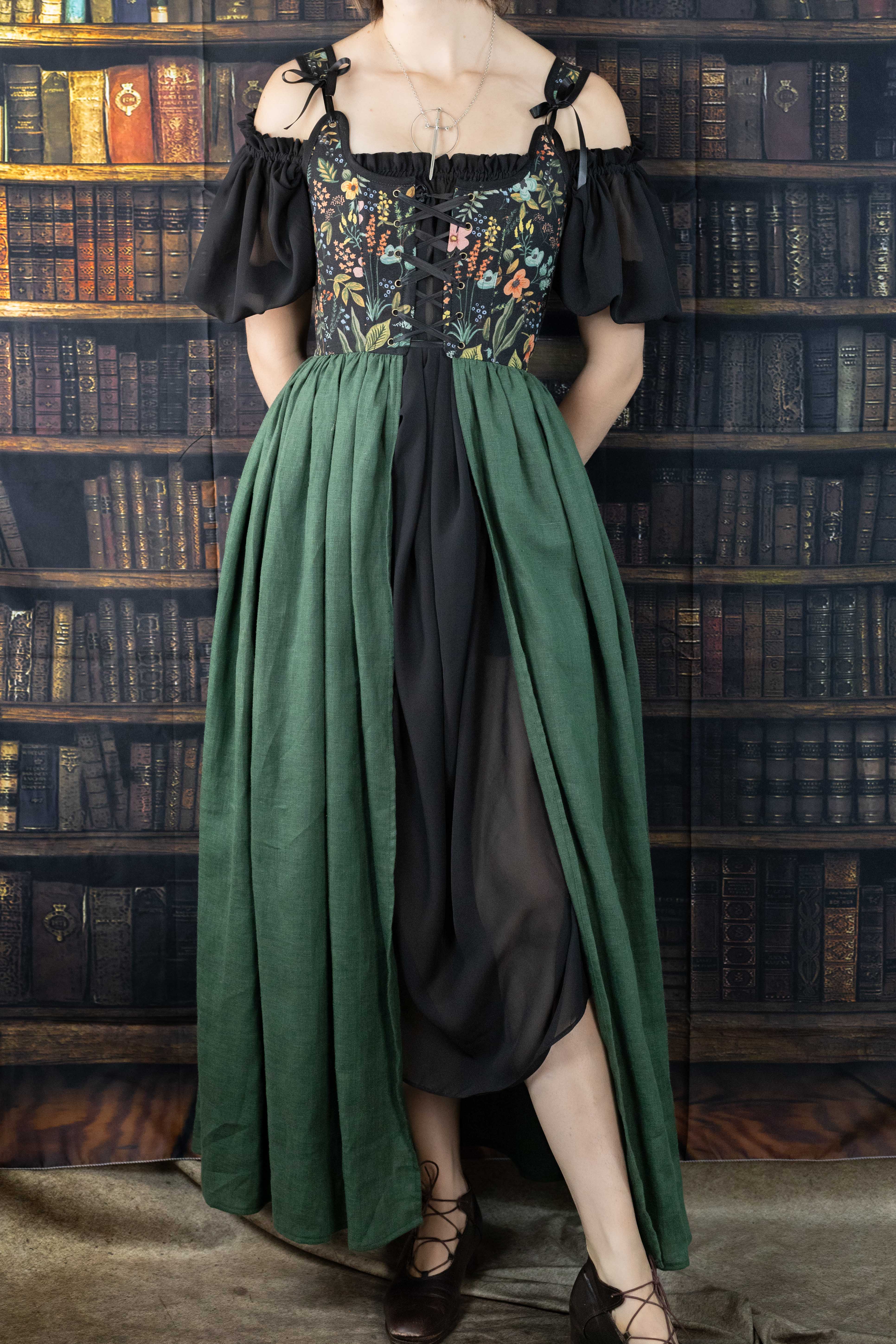 Handmade Black Botanical Corset Dress - Image 4