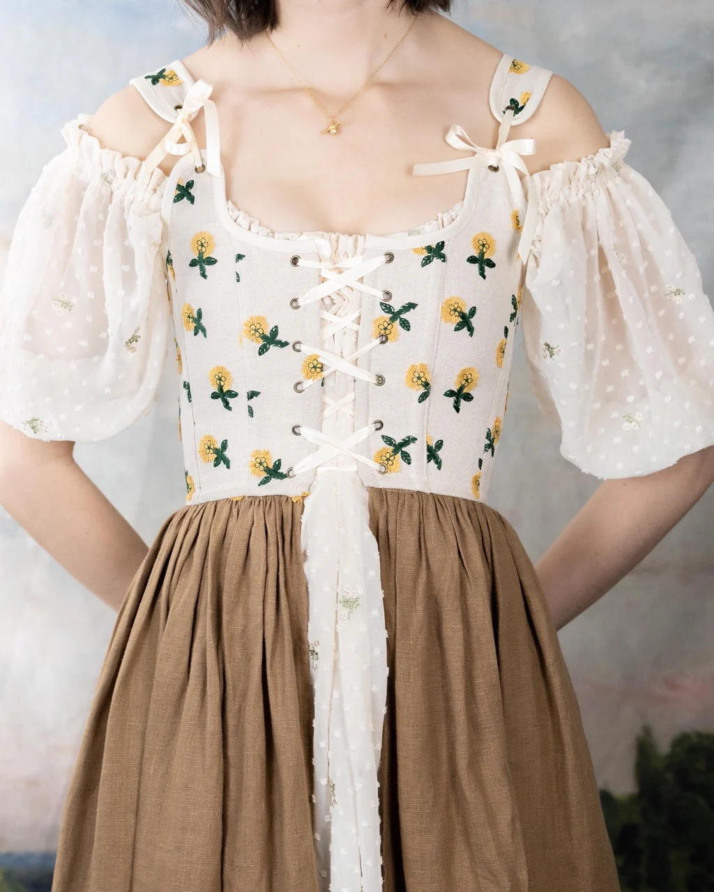Handmade Ivory Dandelion Linen Corset Dress - Image 8