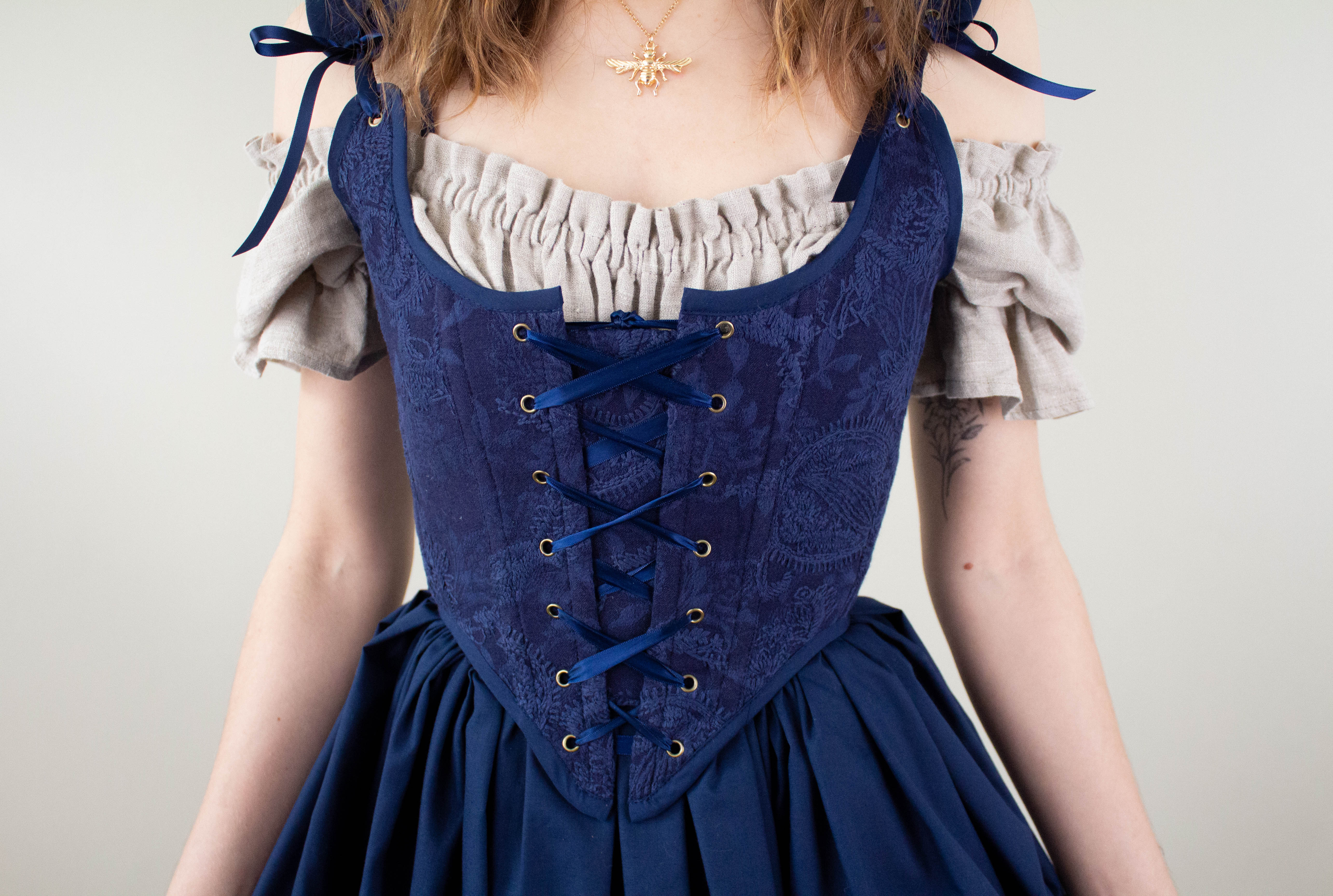 Handmade Navy Blue Embroidered Floral Corset - Image 5