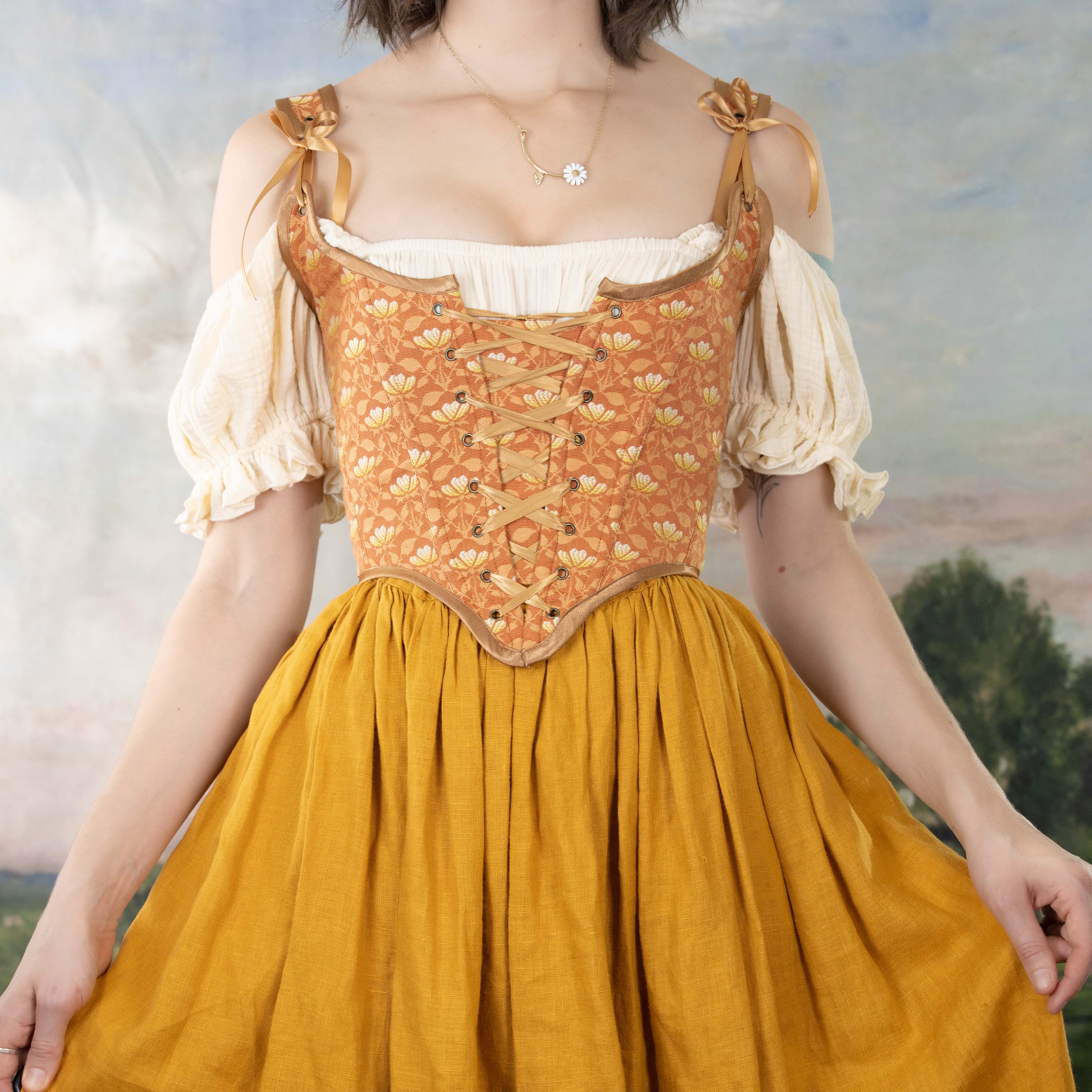 Handmade Orange Floral Jacquard Corset - Image 5