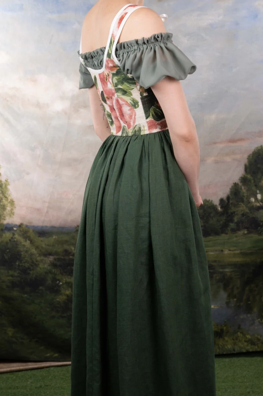 Handmade Pink and Green Floral Linen Corset Dress - Image 3