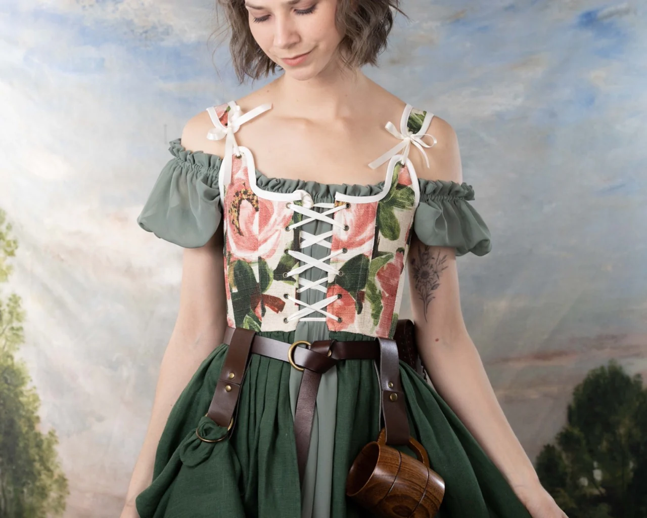 Handmade Pink and Green Floral Linen Corset Dress - Image 4