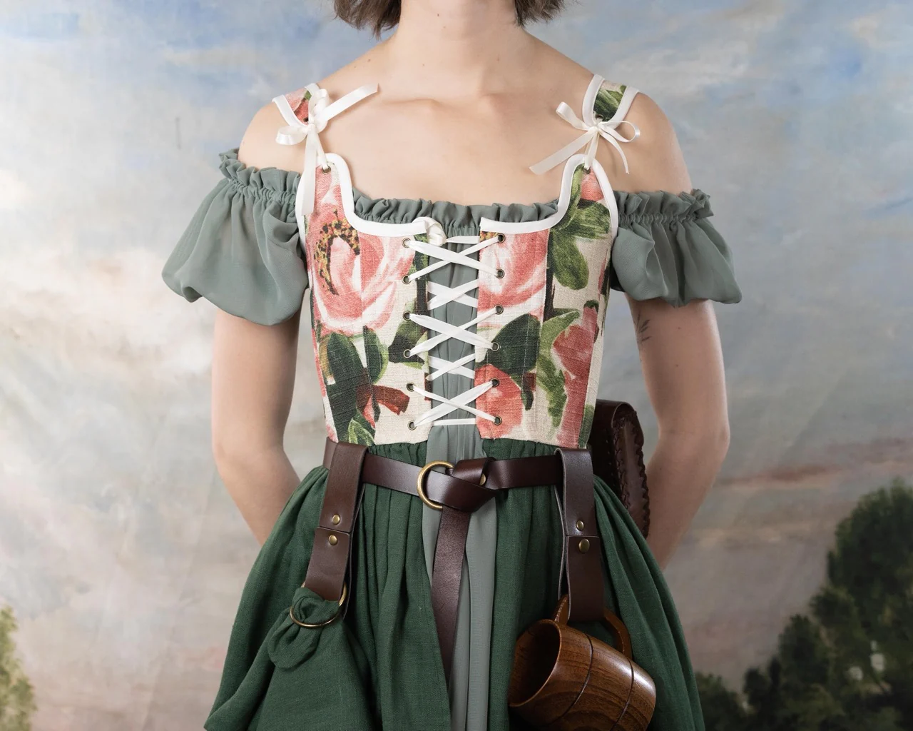 Handmade Pink and Green Floral Linen Corset Dress - Image 5