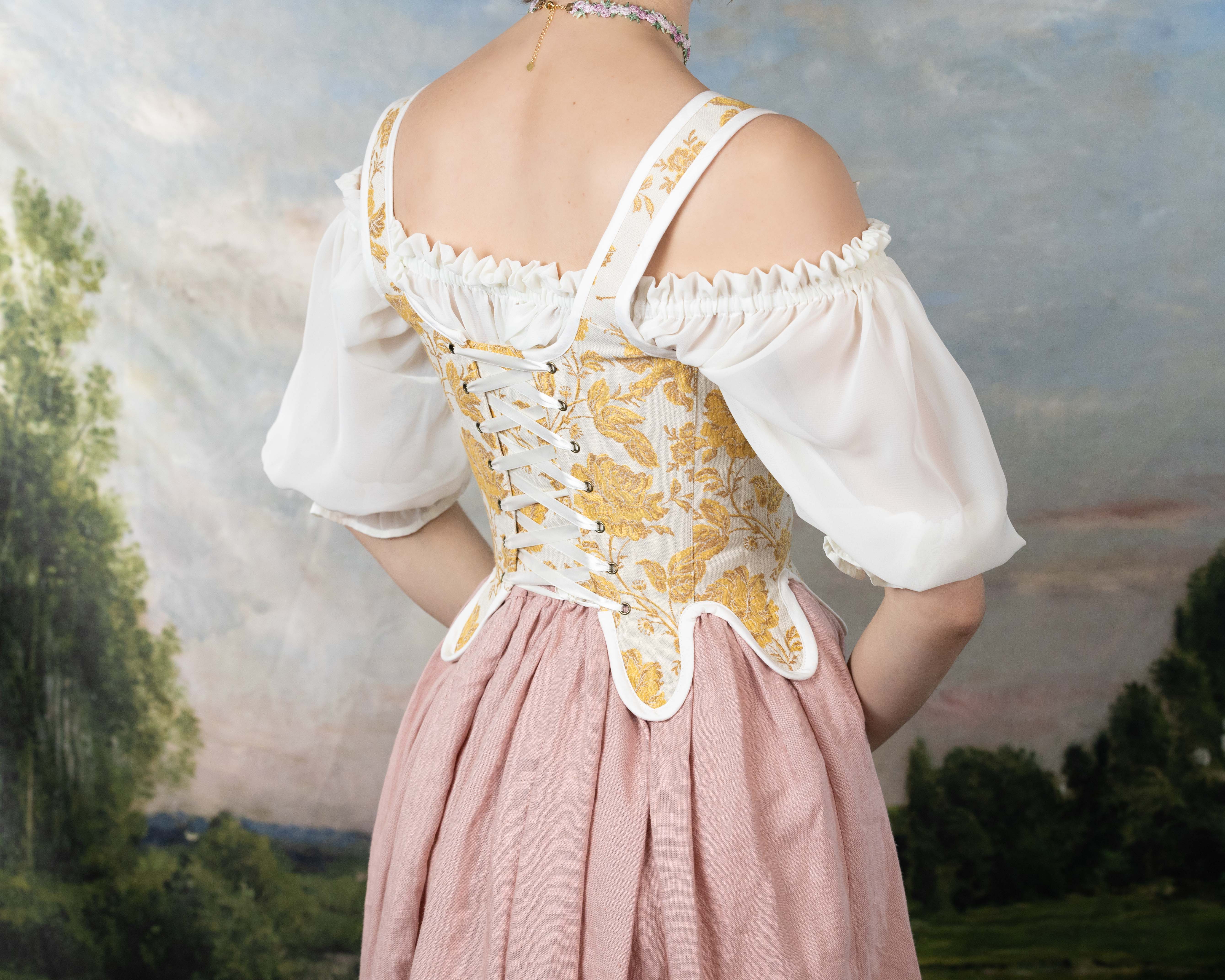 Handmade Yellow Floral Jacquard 18th Century Stays - Image 5
