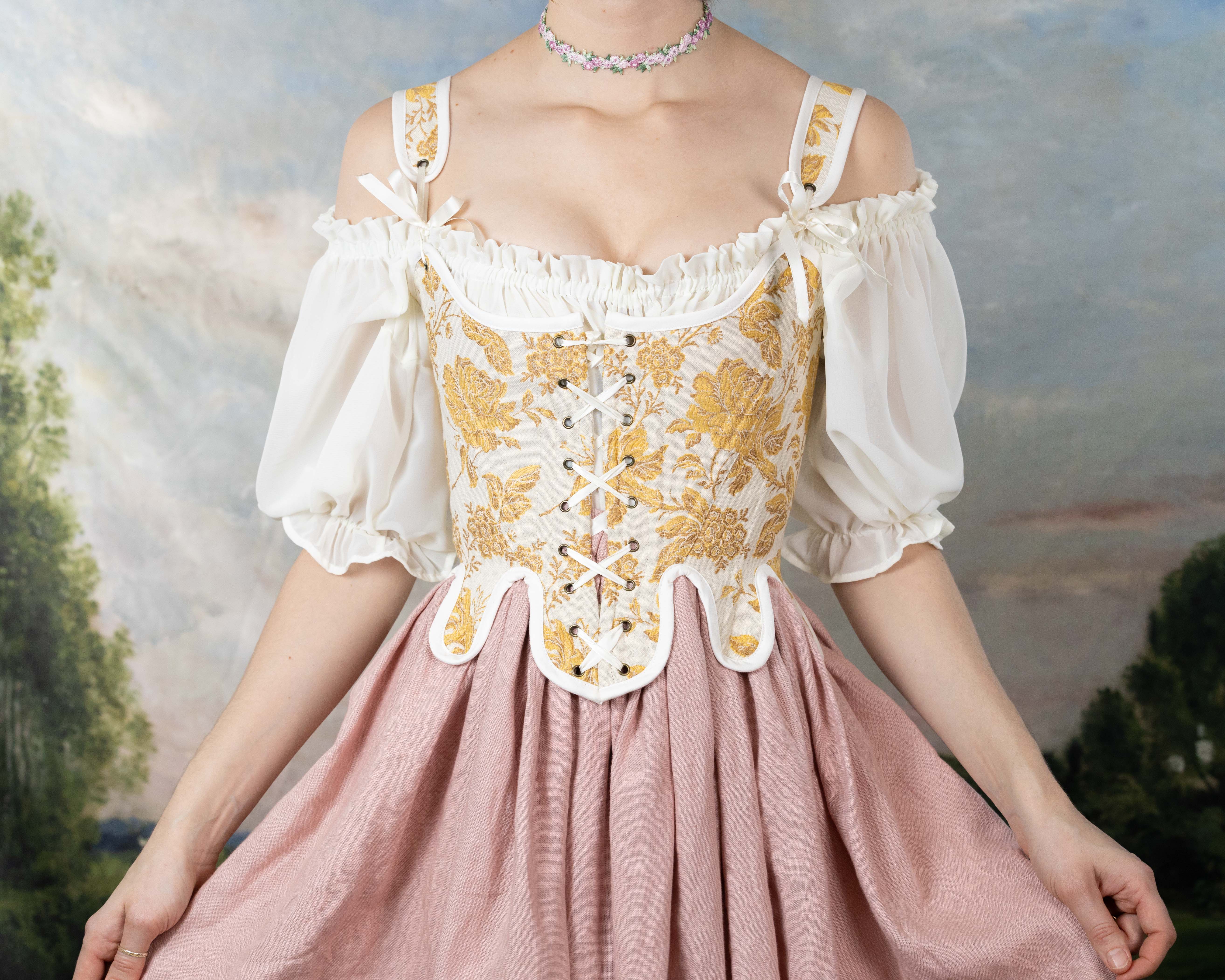 Handmade Yellow Floral Jacquard 18th Century Stays - Image 6