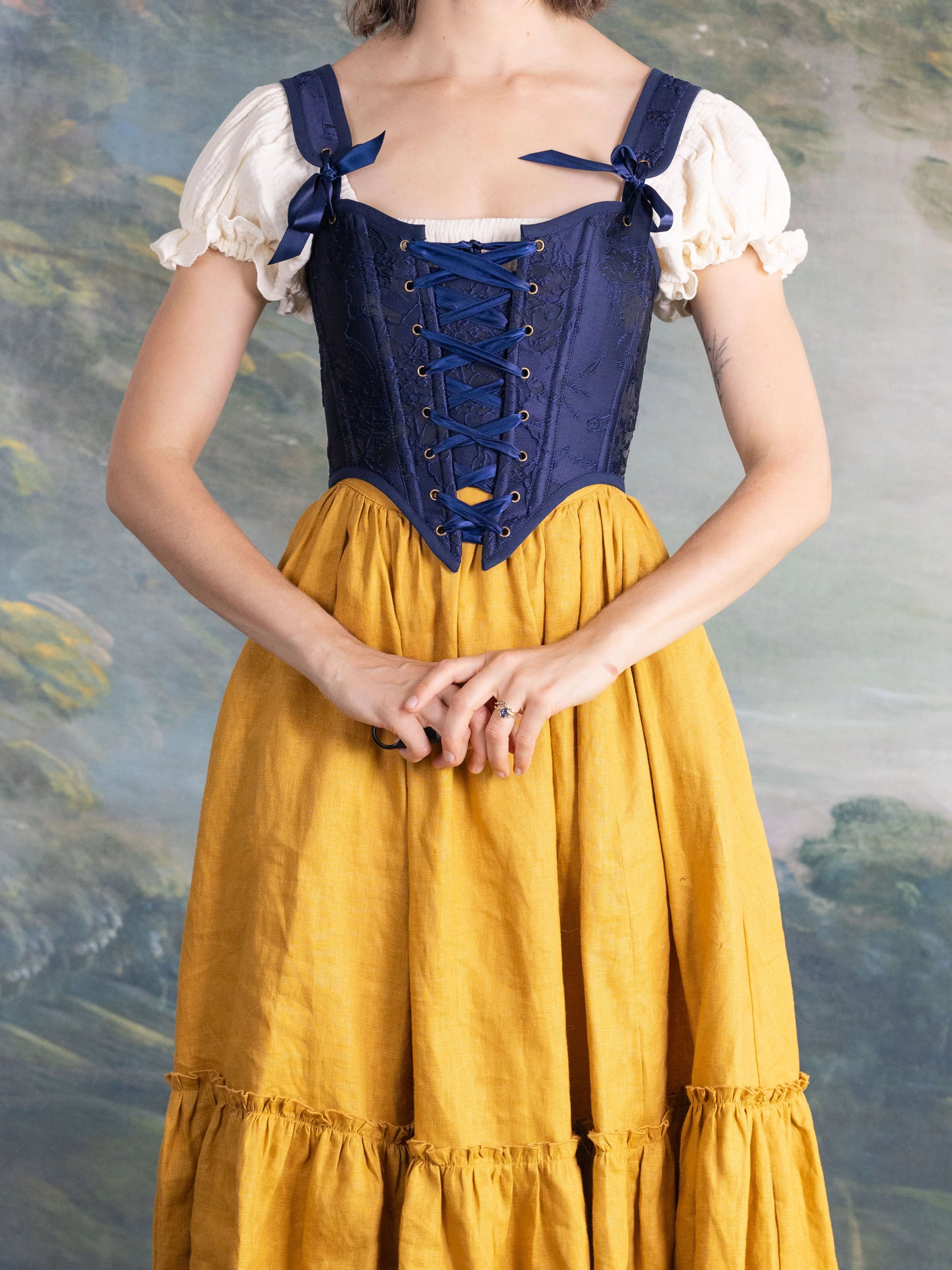 Dark Blue Floral Jacquard Corset - Image 10