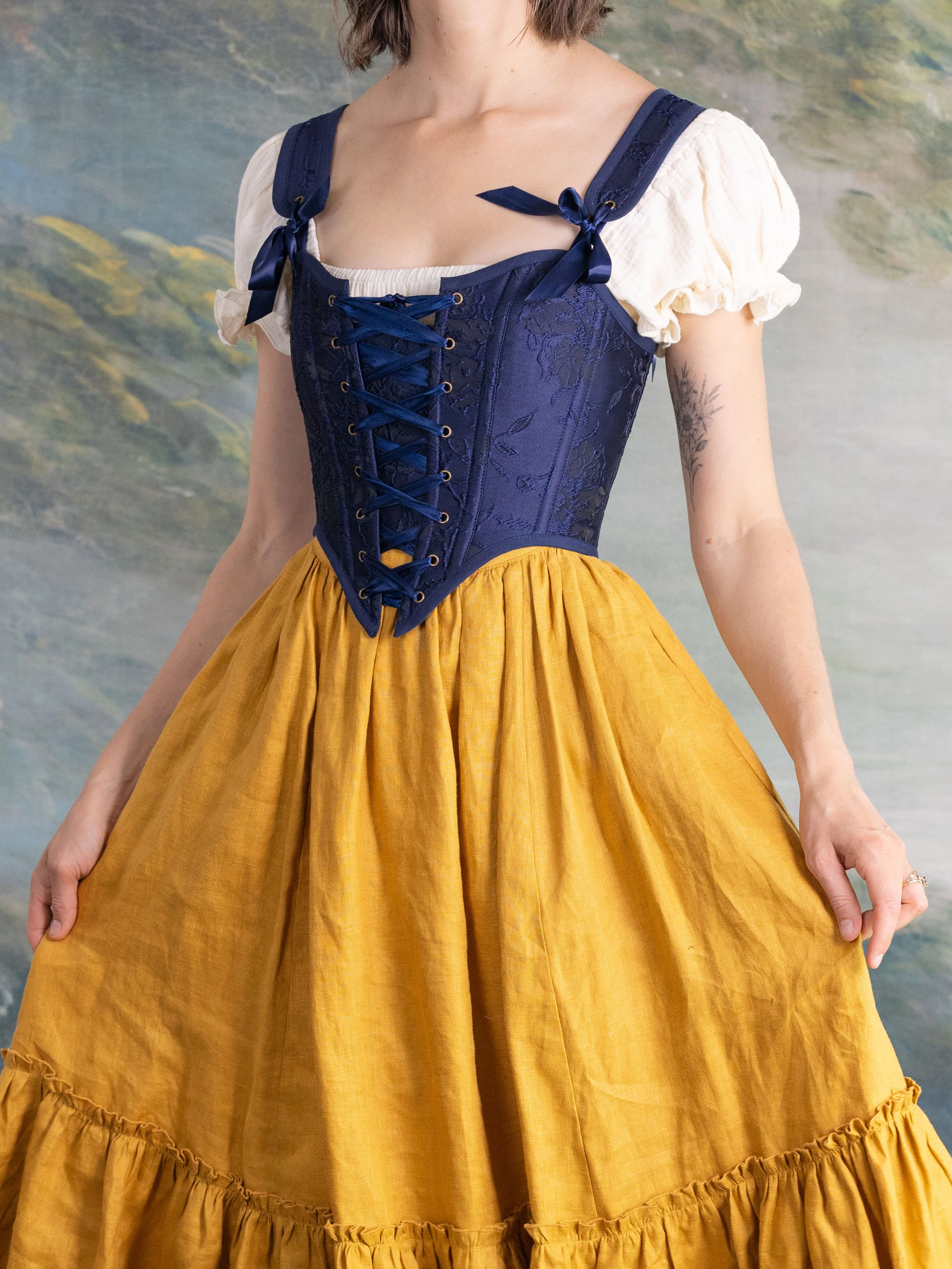 Dark Blue Floral Jacquard Corset - Image 11