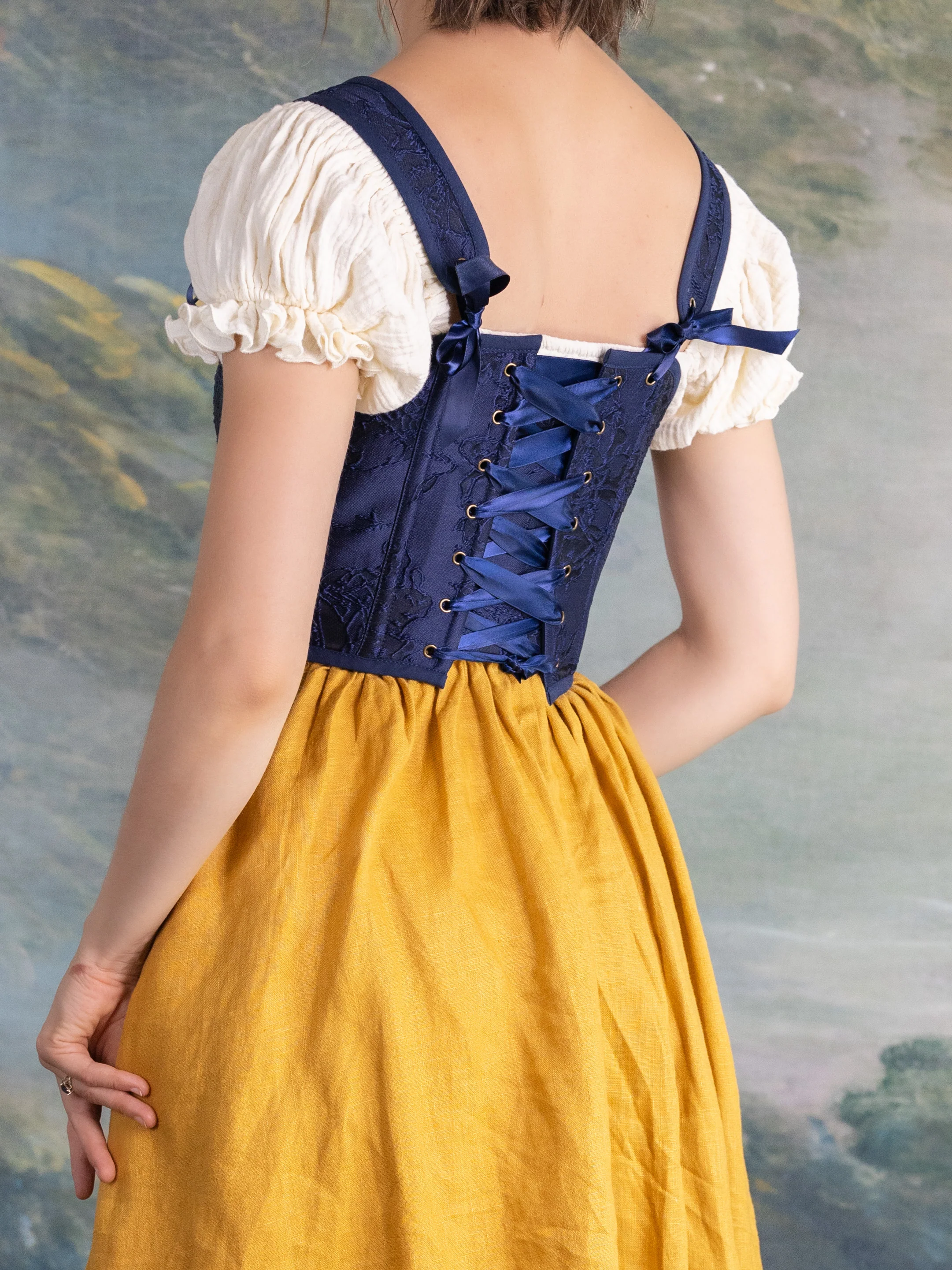 Dark Blue Floral Jacquard Corset - Image 12
