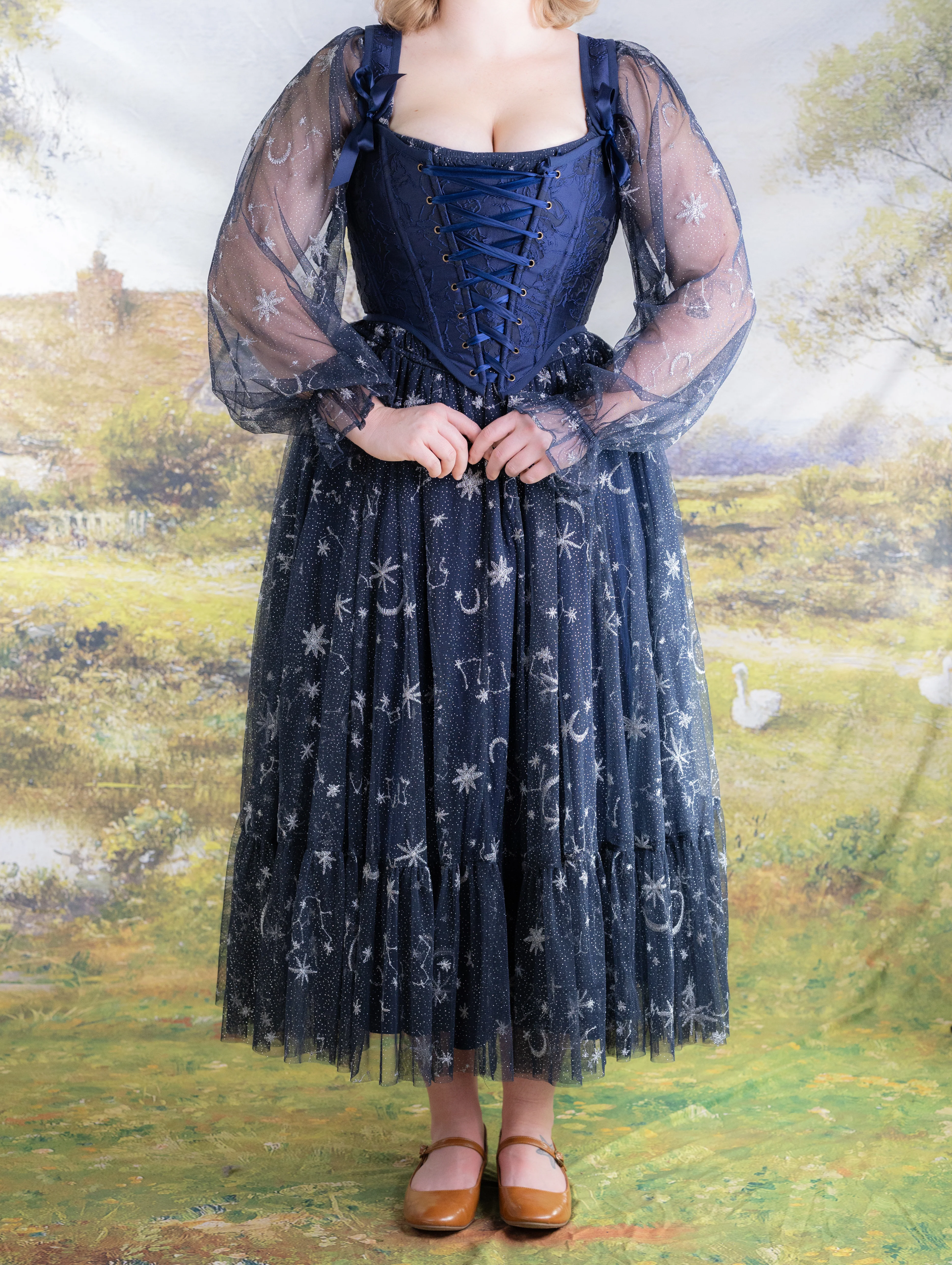Dark Blue Floral Jacquard Corset - Image 6