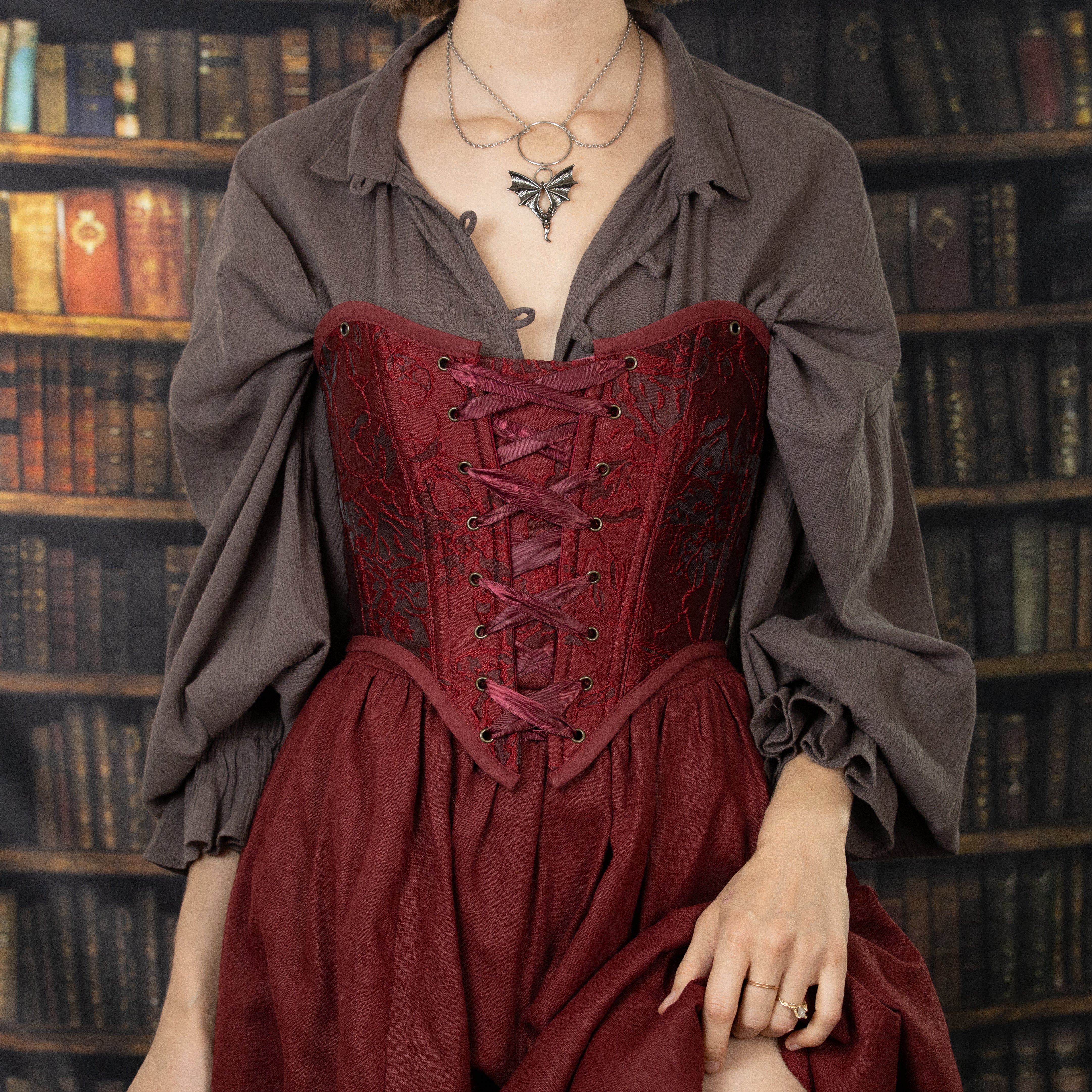 Red Floral Jacquard Corset - Image 6