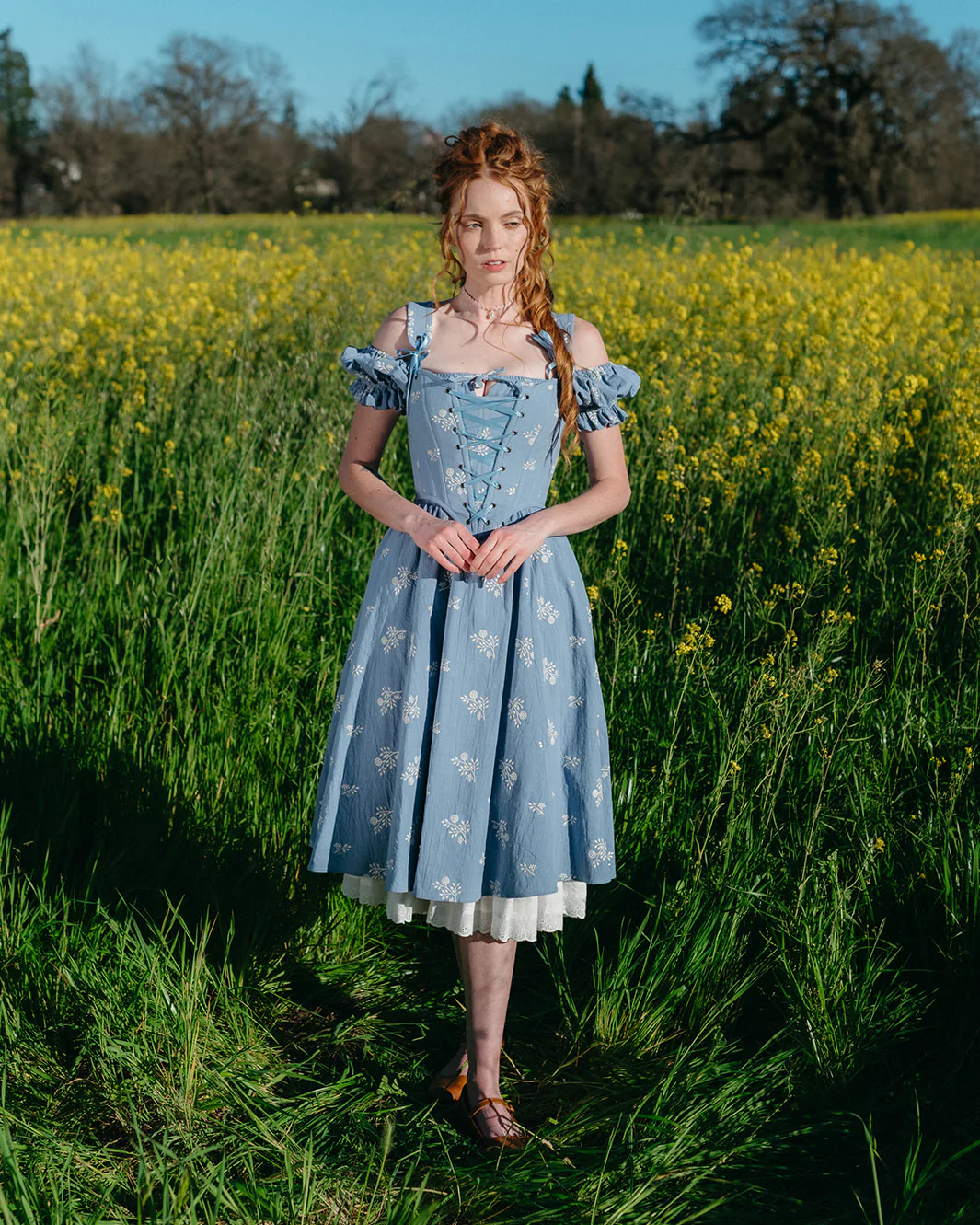Regency Blue Floral Milkmaid Dress - Image 3