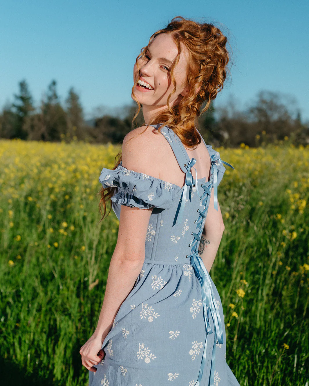 Regency Blue Floral Milkmaid Dress - Image 7