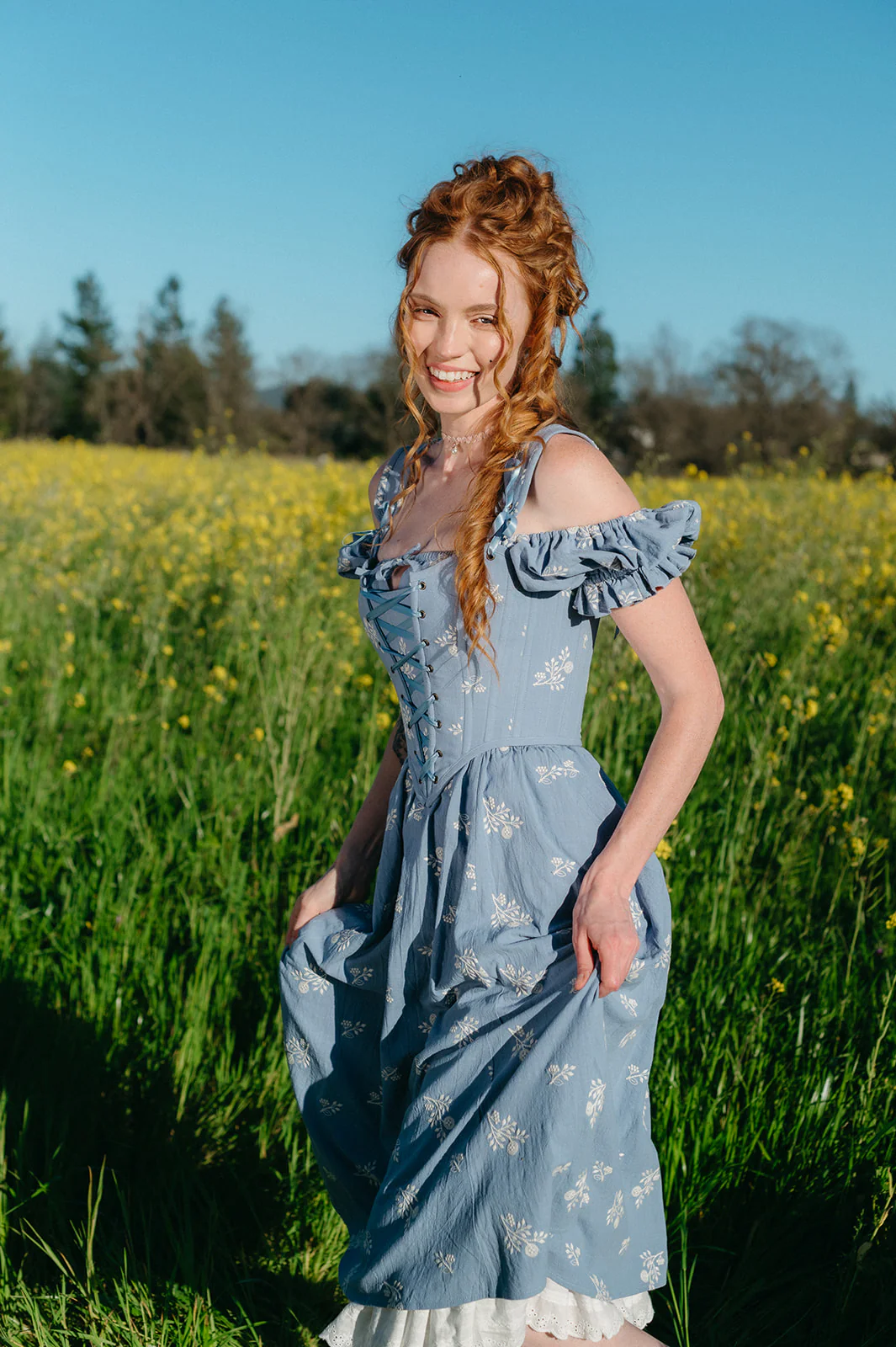 Regency Blue Floral Milkmaid Dress - Image 5